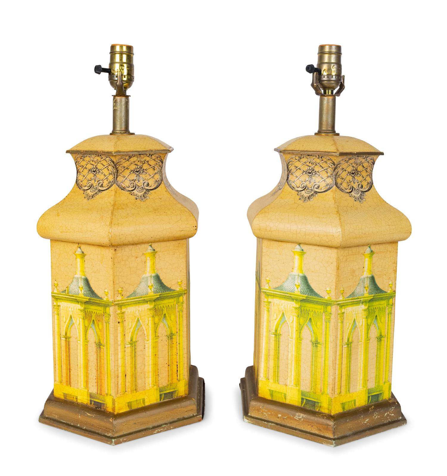 A Pair of Painted Tole Hexgonal Table Lamps — 20TH CENTURY