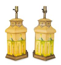 A Pair of Painted Tole Hexgonal Table Lamps — 20TH CENTURY