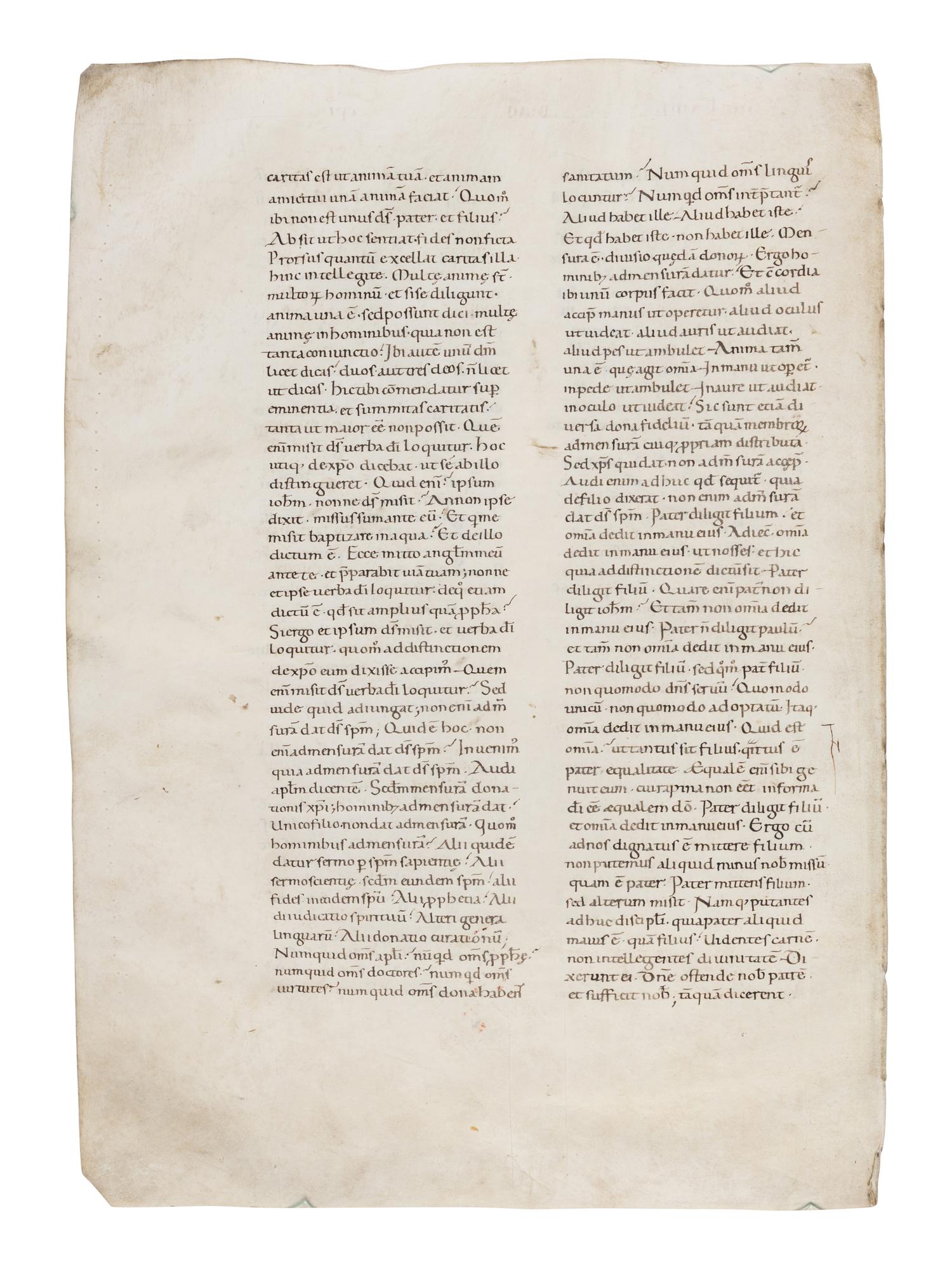 MAGNIFICENT REMNANT OF ITALIAN ROMANESQUE MANUSCRIPT CULTURE Florentine School, single leaf from a copy of Augustine’s Tractatus in euangelium Iohanem (Homily XIIII), in Latin, manuscript on parchment [Italy, Tuscany c. 1130–1150]