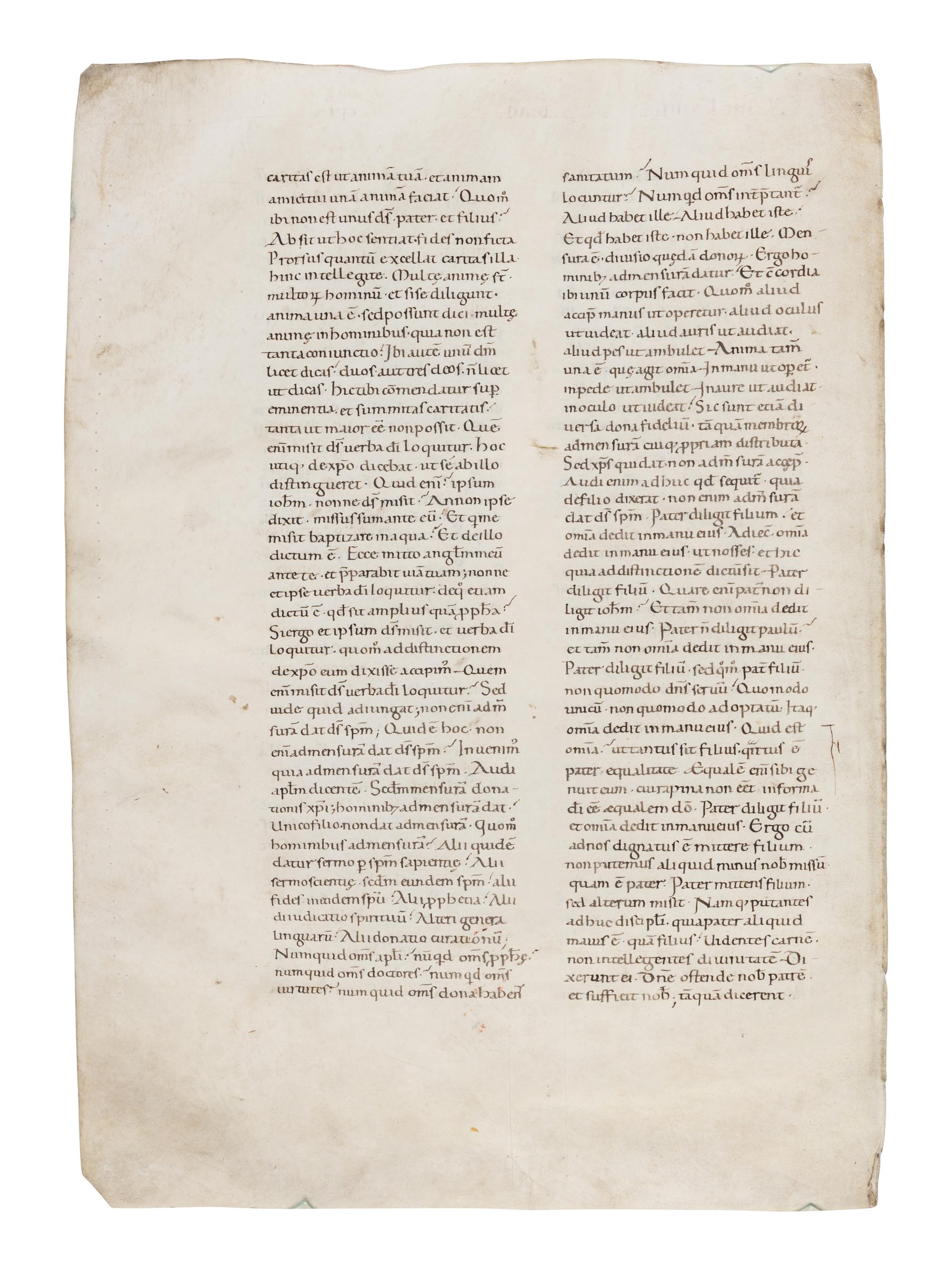 MAGNIFICENT REMNANT OF ITALIAN ROMANESQUE MANUSCRIPT CULTURE Florentine School, single leaf from a copy of Augustine’s Tractatus in euangelium Iohanem (Homily XIIII), in Latin, manuscript on parchment [Italy, Tuscany c. 1130–1150]