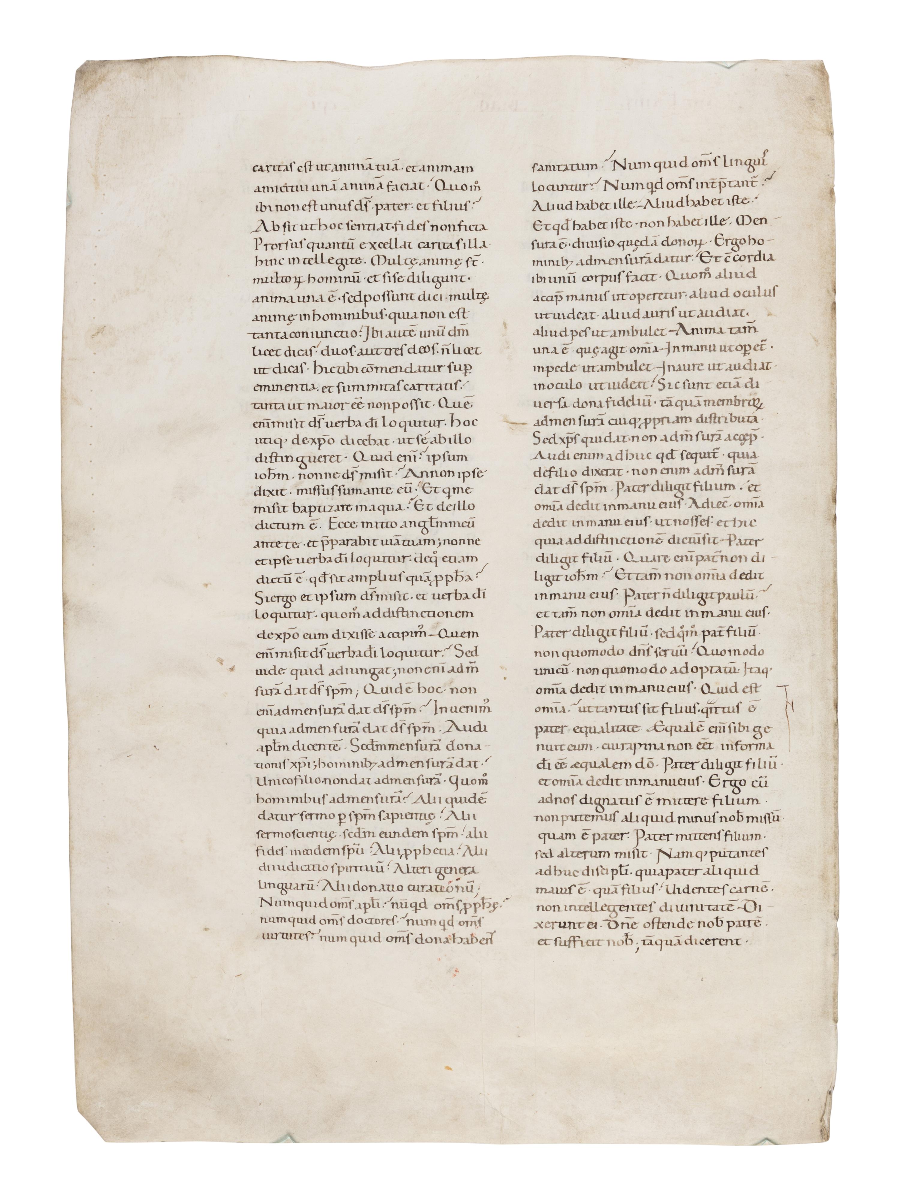 MAGNIFICENT REMNANT OF ITALIAN ROMANESQUE MANUSCRIPT CULTURE Florentine School, single leaf from a copy of Augustine’s Tractatus in euangelium Iohanem (Homily XIIII), in Latin, manuscript on parchment [Italy, Tuscany c. 1130–1150]