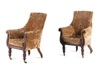A Pair of William IV Carved Walnut Library Armchairs