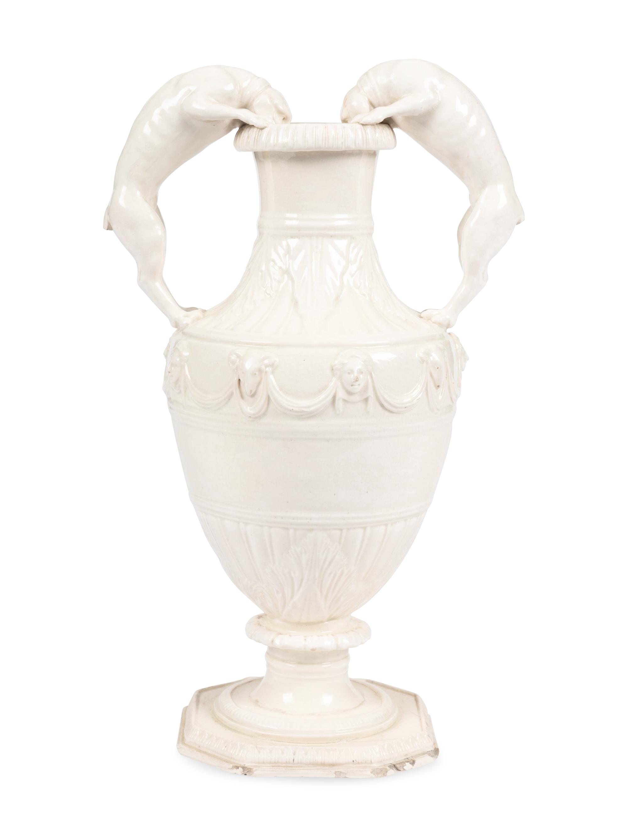 An English Creamware Vase With Dog Handles