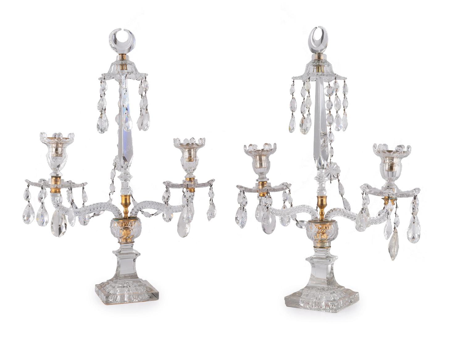 A Pair of Cut Glass Two Light Candelabra