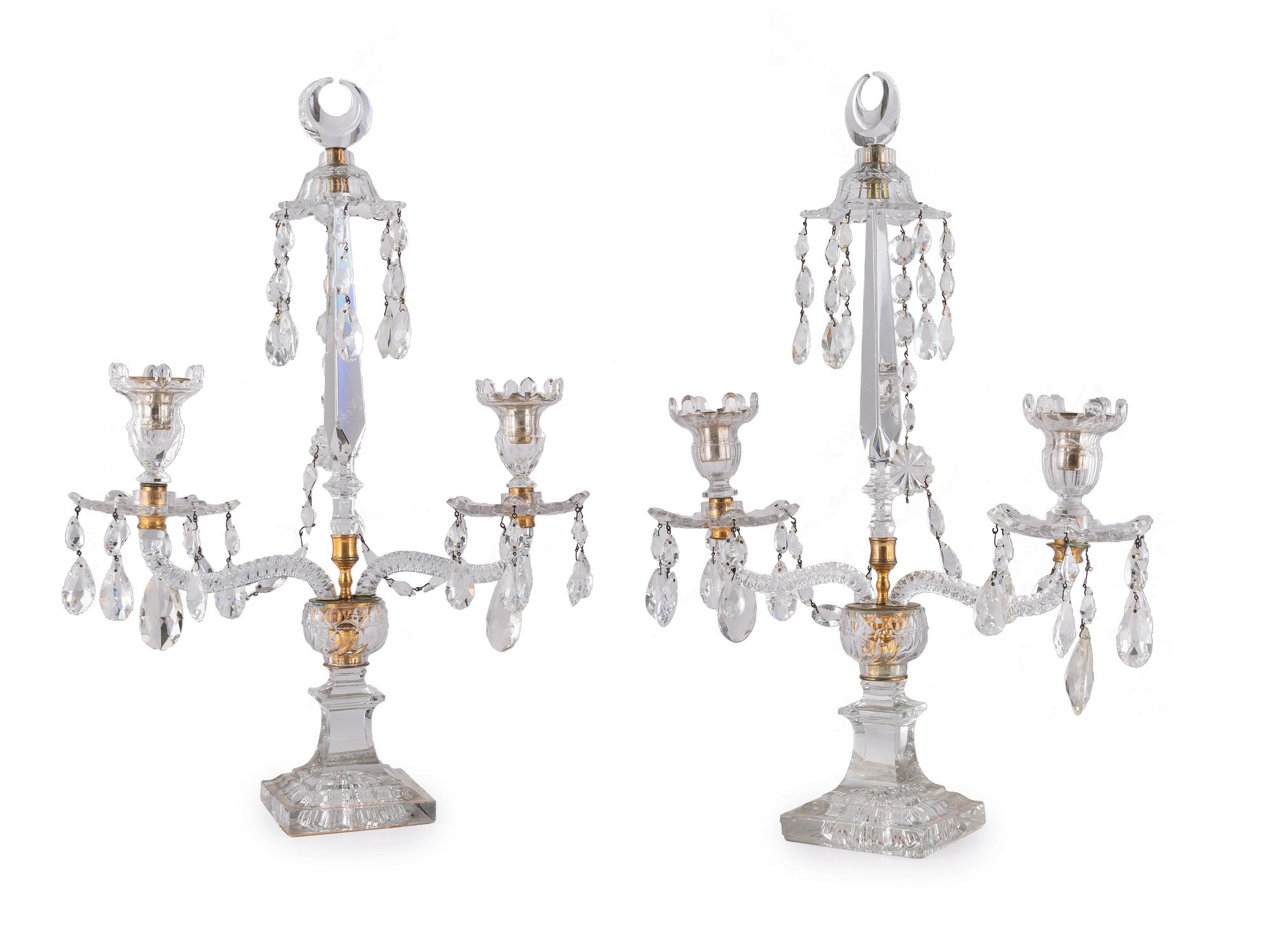 A Pair of Cut Glass Two Light Candelabra