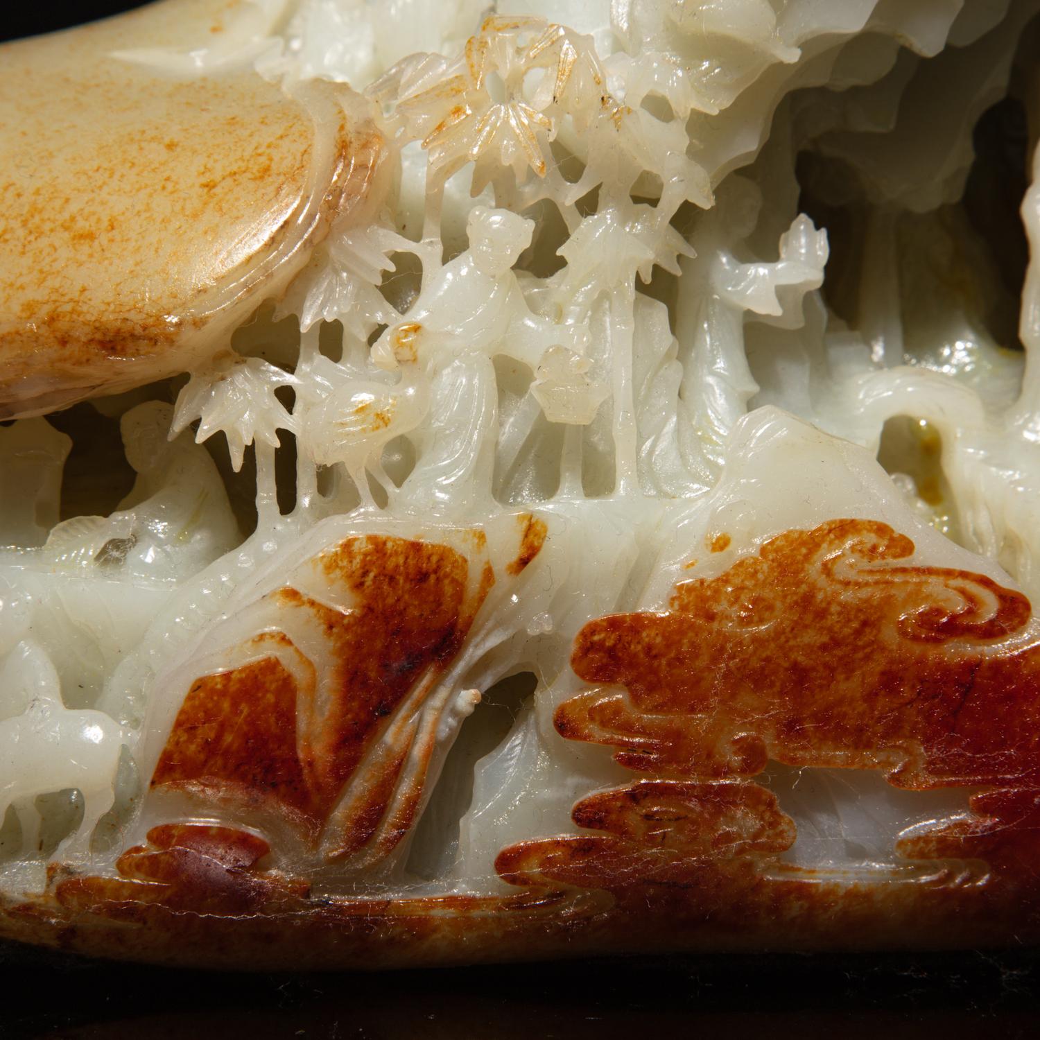 A Chinese White and Russet Jade Boulder, 20th Century — 近代 白玉松下對弈圖山子