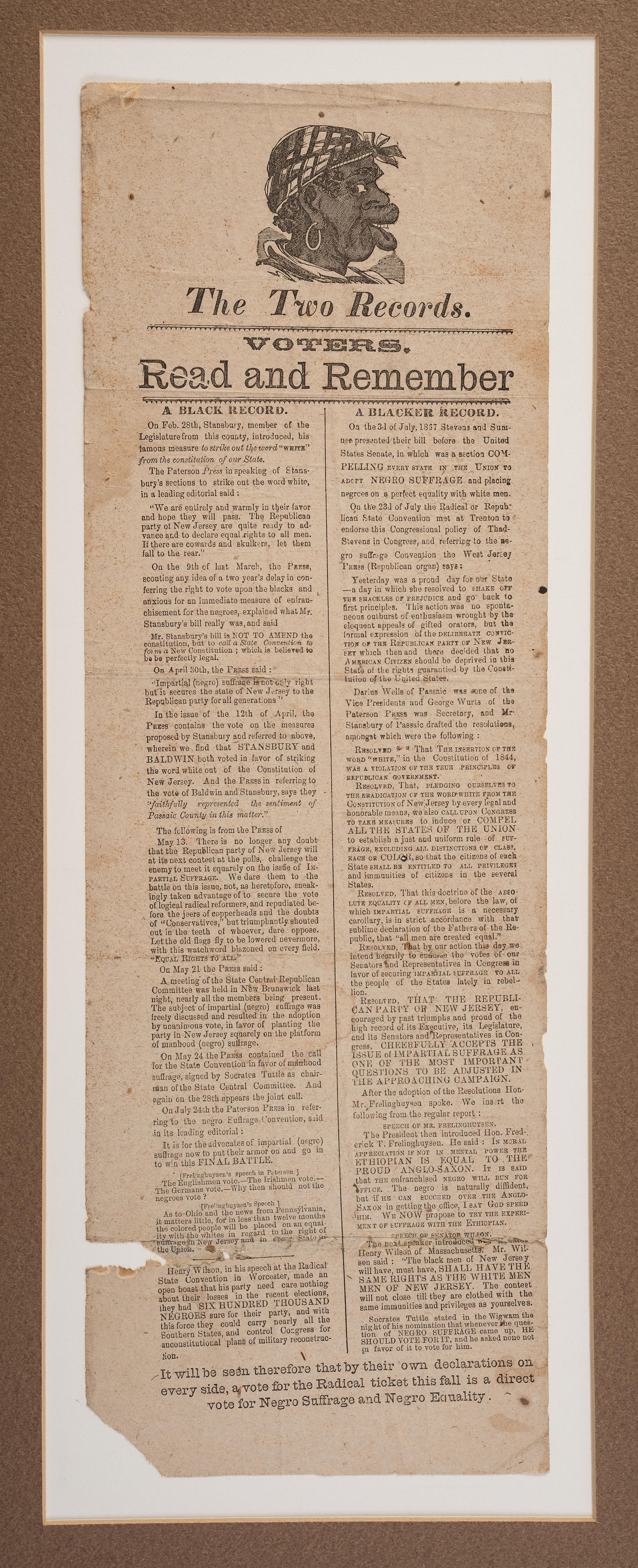 [RECONSTRUCTION - SUFFRAGE]. The Two Records. Voters. Read and Remember. A Black Record / A Blacker Record . Passaic County, New Jersey. N.d., ca 1867.
