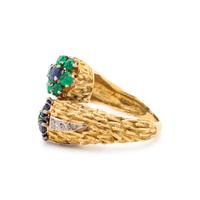 YELLOW GOLD, SAPPHIRE, EMERALD AND DIAMOND RING
