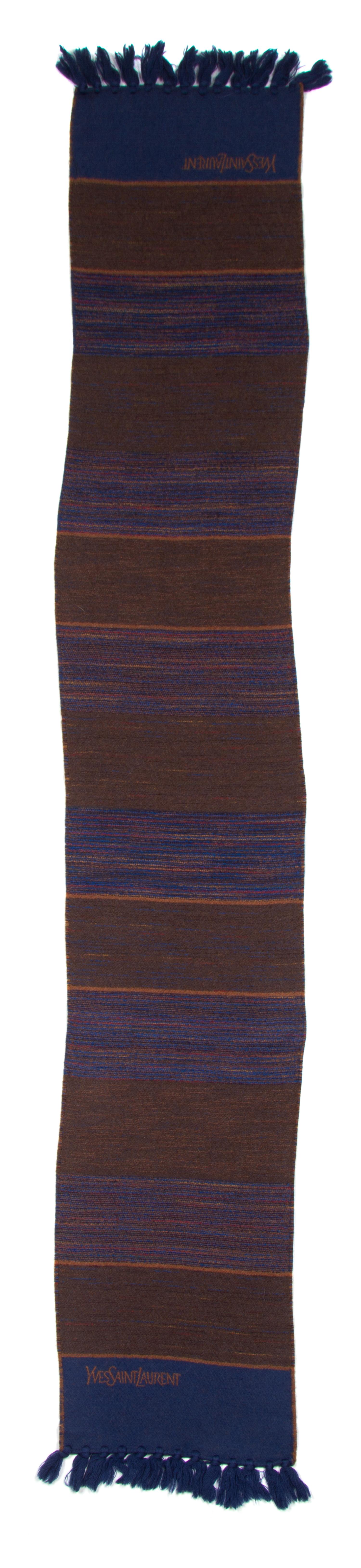An Yves Saint Laurent Blue and Brown Wool Striped Scarf, 60" x 10".