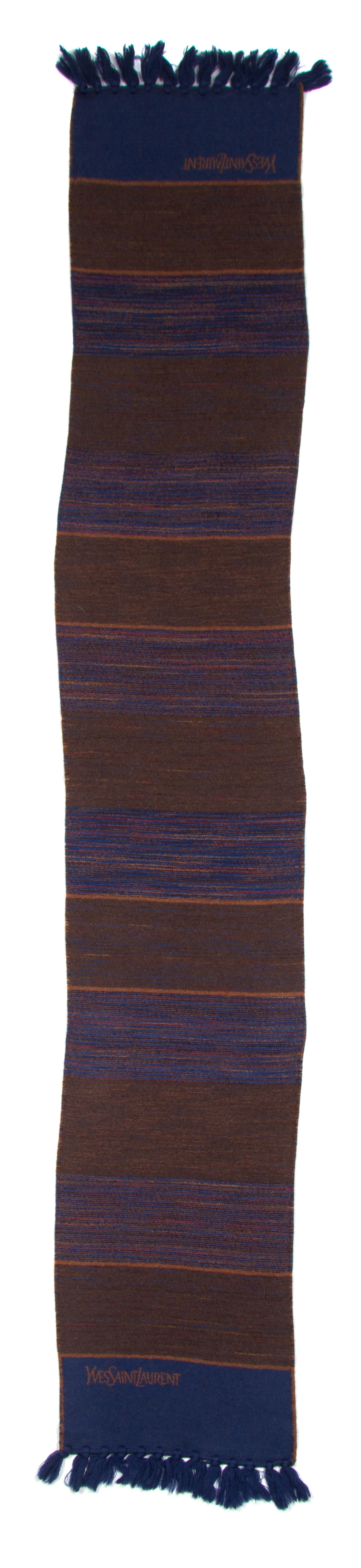 An Yves Saint Laurent Blue and Brown Wool Striped Scarf, 60" x 10".