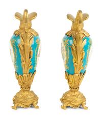 A Pair of Gilt Bronze Mounted Sevres Style Porcelain Ewers — 19TH CENTURY