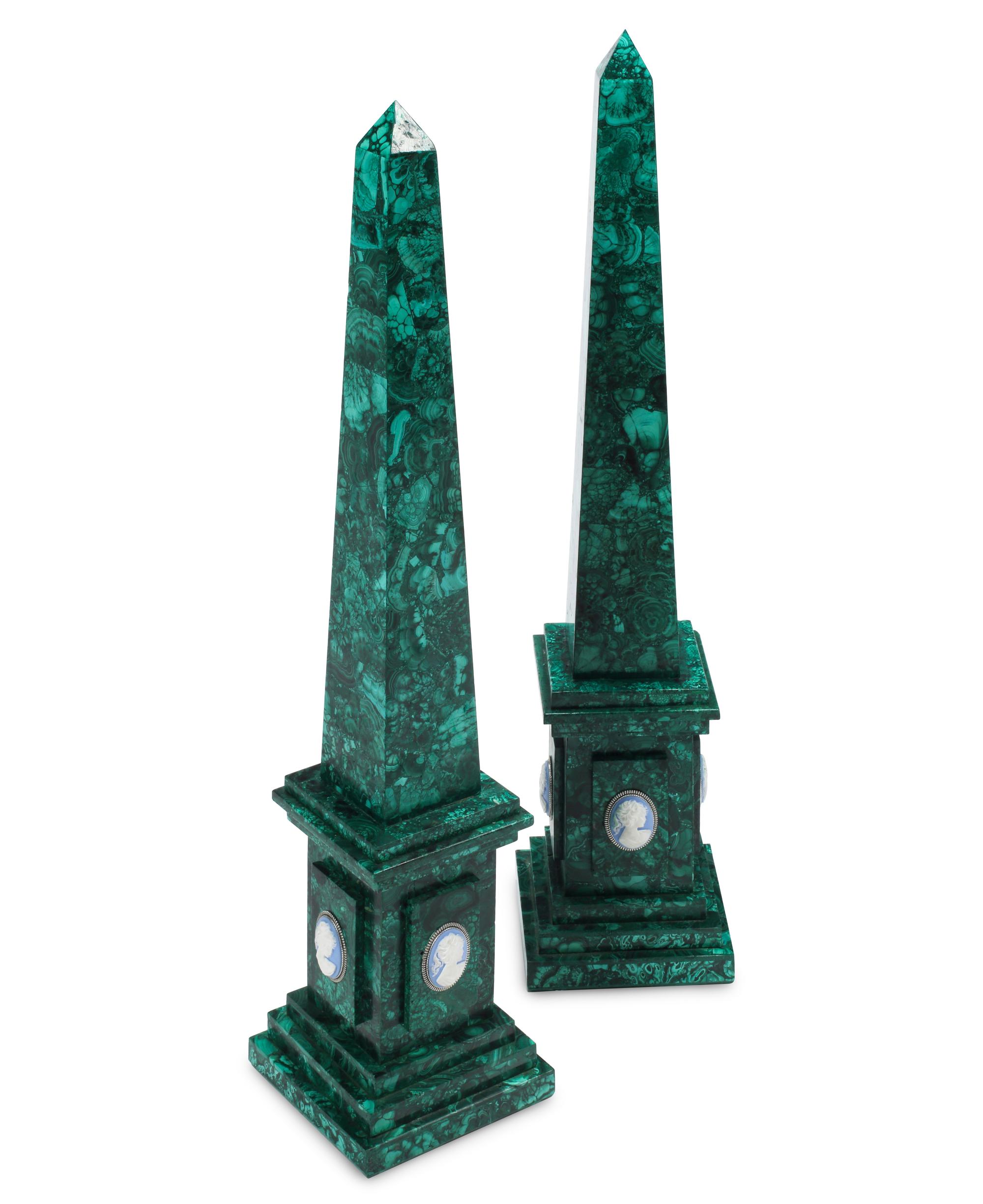 A Pair of Large Malachite Obelisks