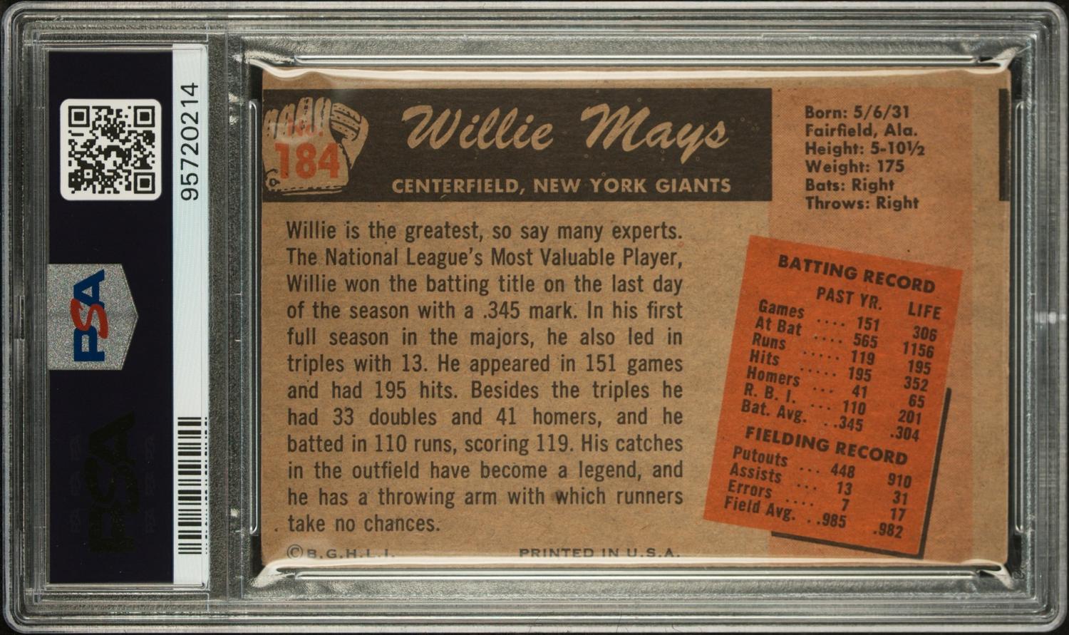 A 1955 Bowman Willie Mays Baseball Card No. 184 (PSA 2 MC GOOD)