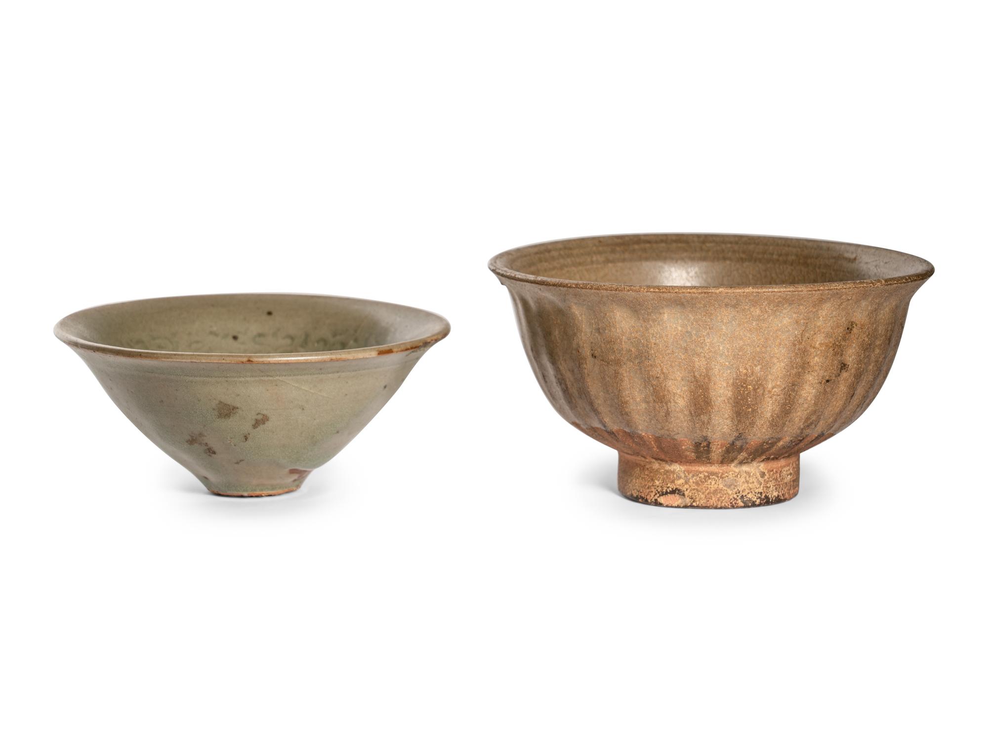 Two Celadon Glazed Porcelain Tea Bowls