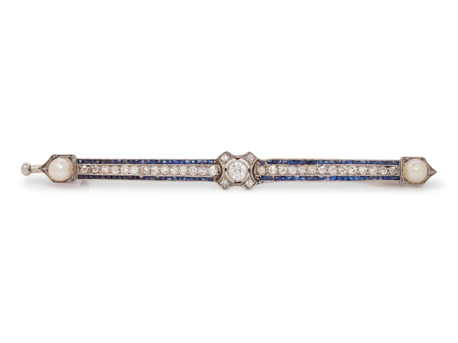 An Art Deco Platinum, Diamond, Sapphire and Cultured Pearl Bar Brooch,
