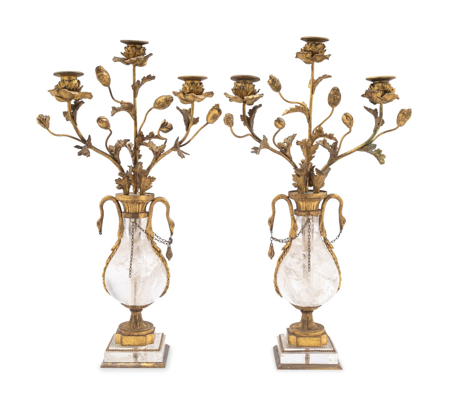 A Pair of French Gilt Bronze-Mounted Rock Crystal Three-Light Candelabra