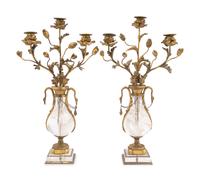 A Pair of French Gilt Bronze-Mounted Rock Crystal Three-Light Candelabra