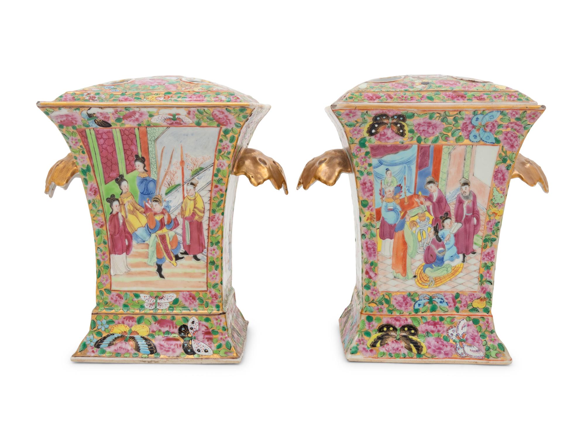 A Pair of Export Rose Medallion Porcelain Cache Pots, Tulip Vases