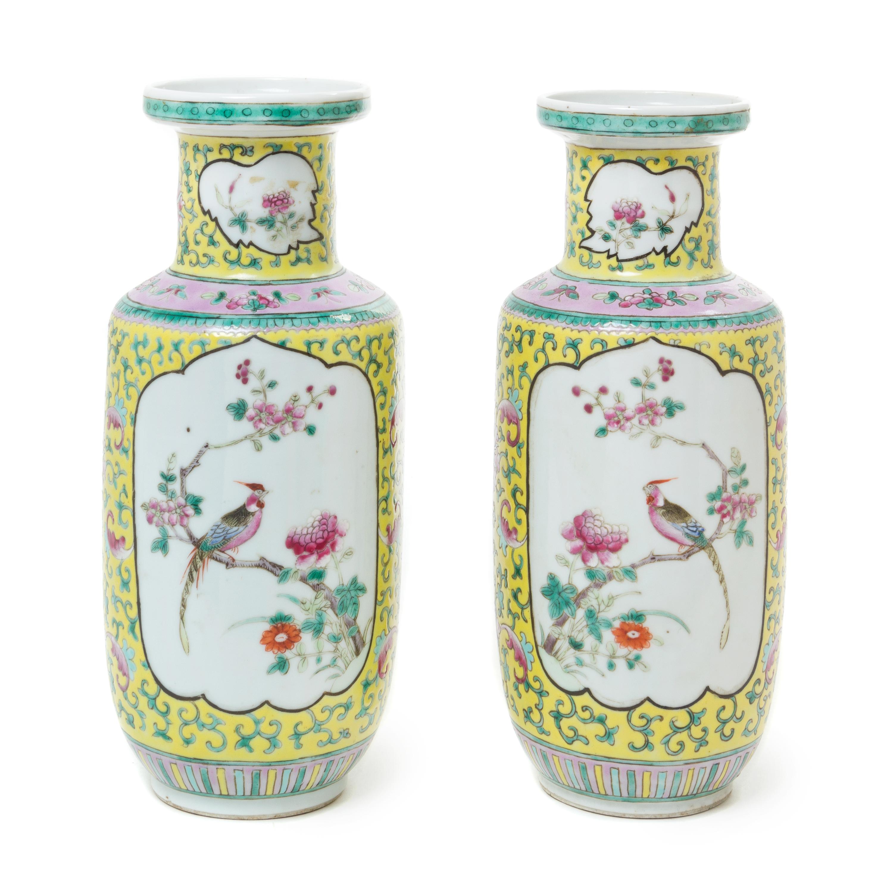 A Pair of Famille Jaune Porcelain Rouleau Vases Height of each 9 3/4 inches. — LATE 19TH/EARLY 20TH CENTURY
