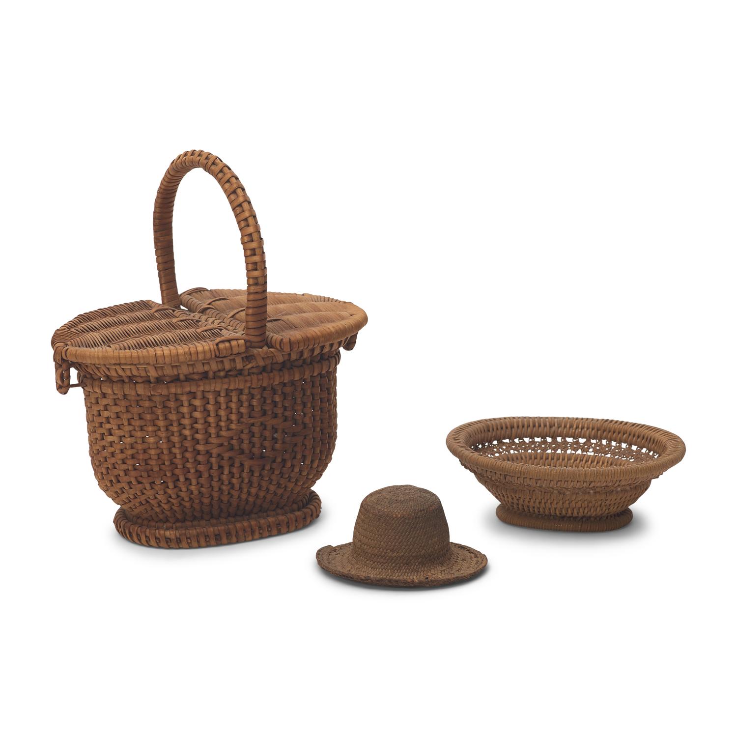 A Group of Three Shaker Miniature Woven Baskets and Hat