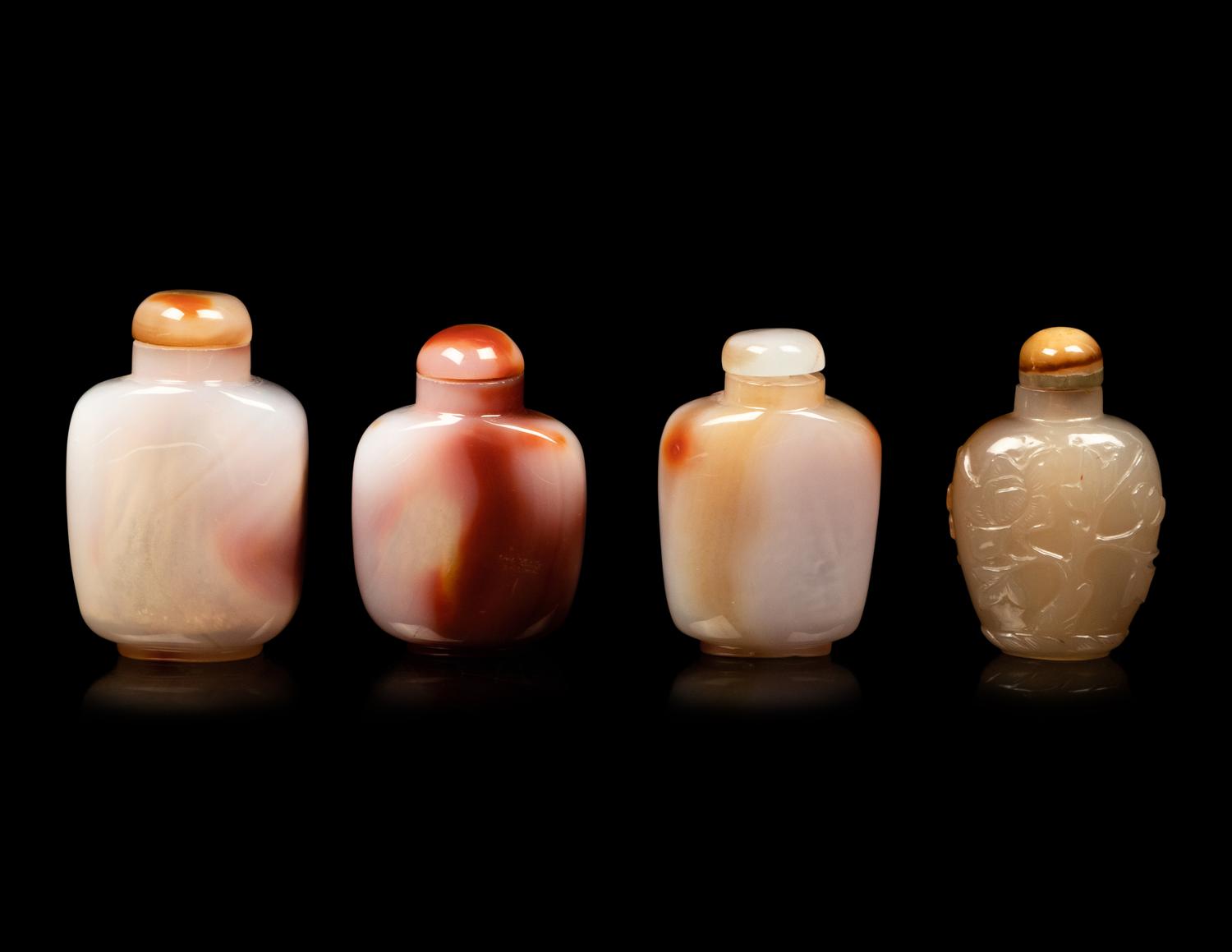 Four Large Chinese Carved Agate Snuff Bottles