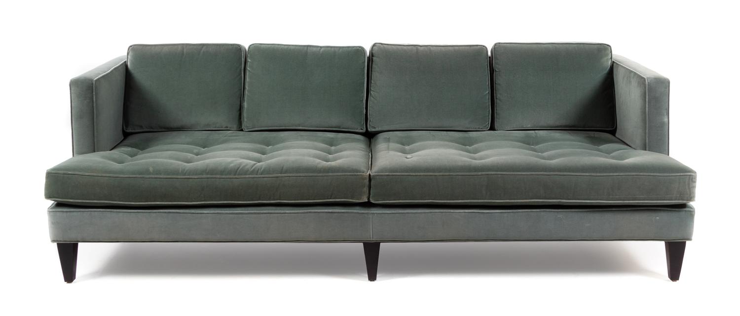 A Velvet Upholstered Sofa, Room & Board Width 98 inches.
