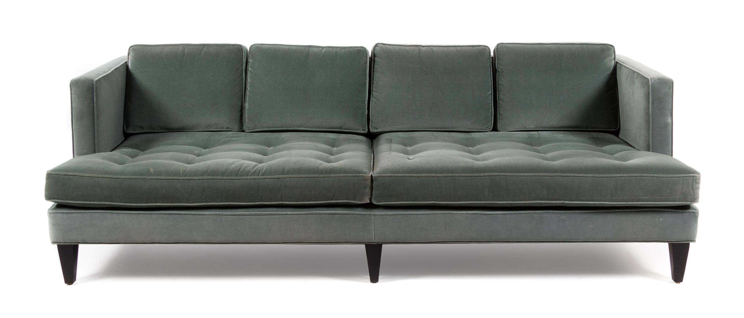 A Velvet Upholstered Sofa, Room & Board Width 98 inches.