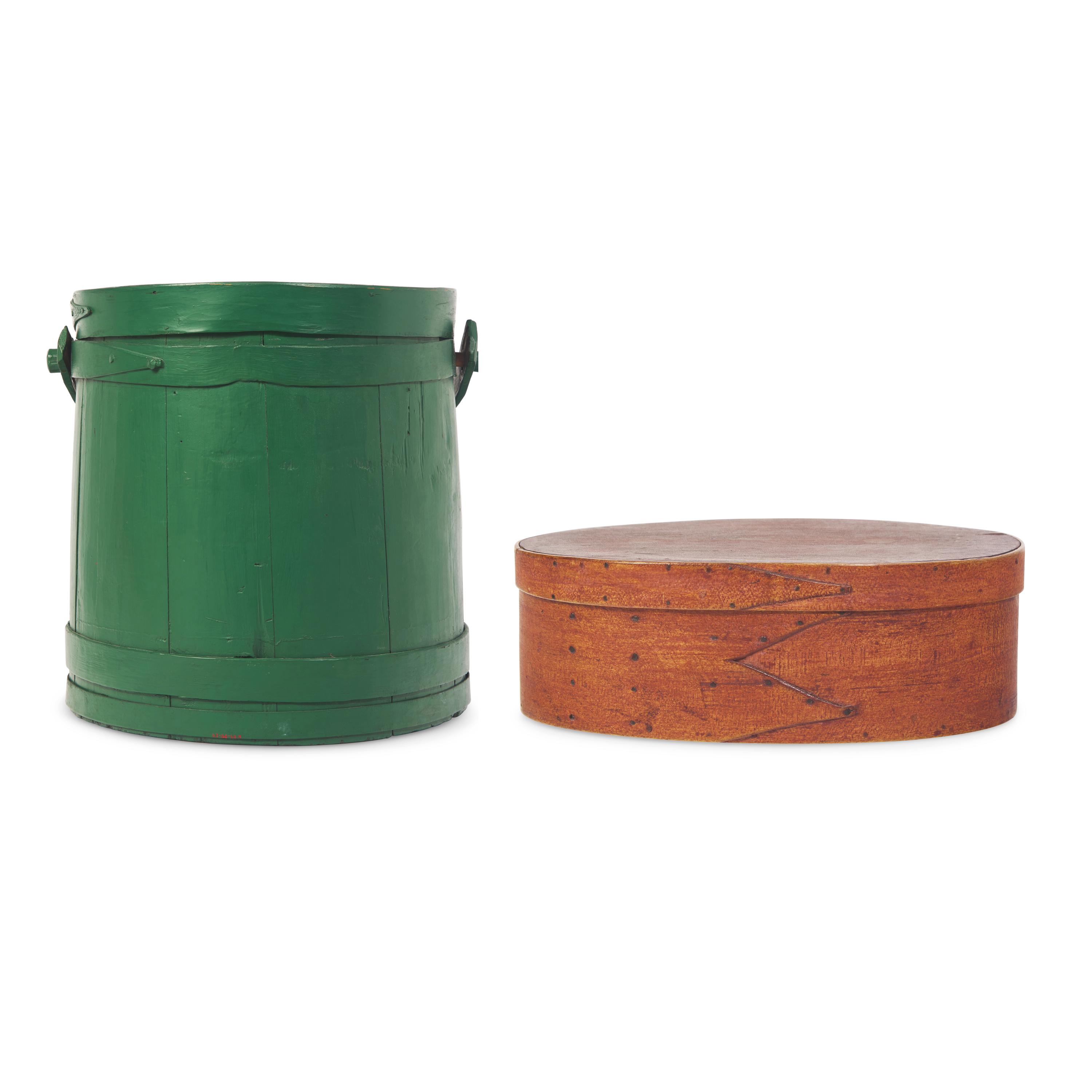 A Shaker Painted Firkin and a Maple and Pine Oval Two "Fingered" Pantry Box