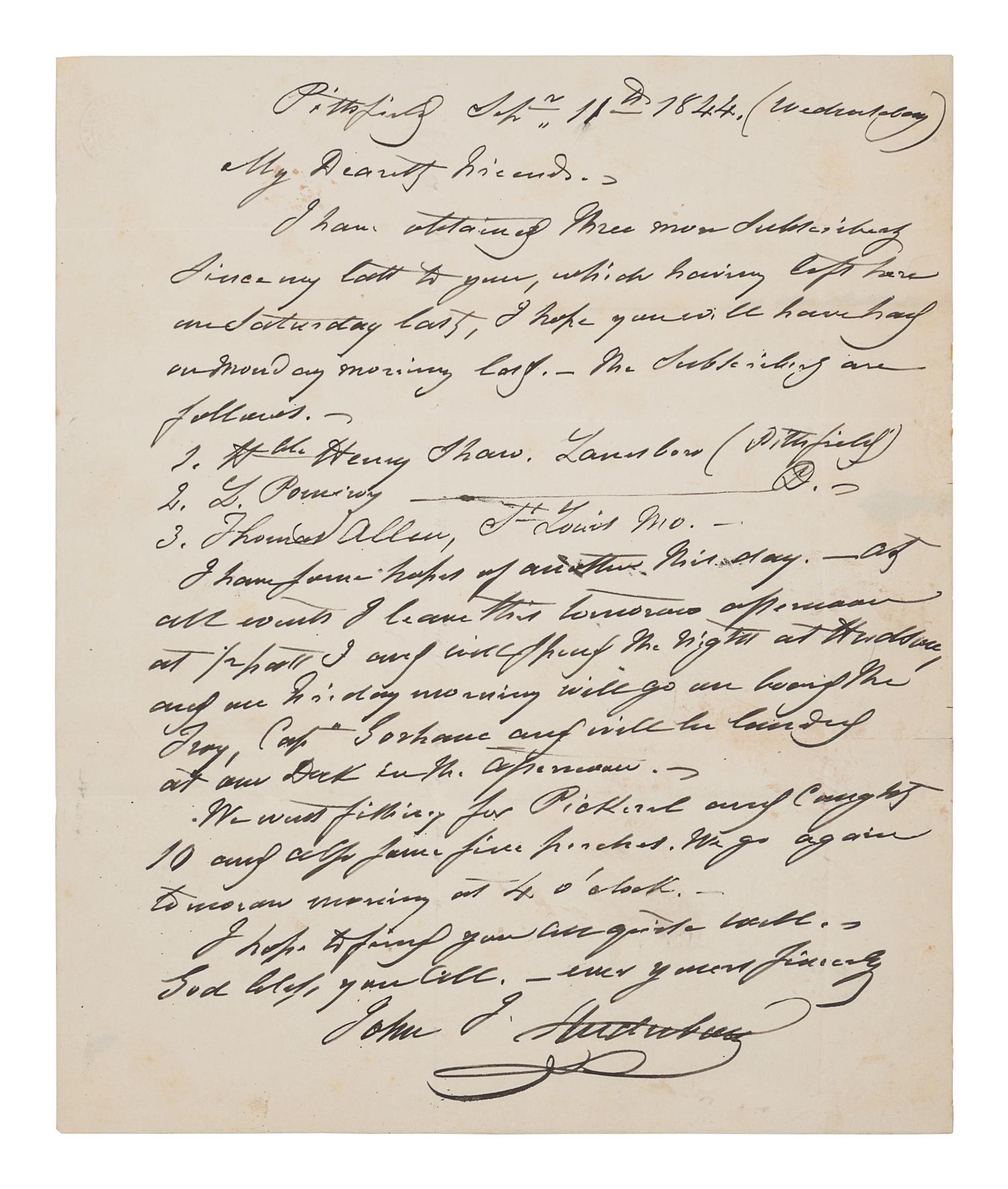 AUDUBON, John James (1785-1851). Autograph letter signed ("John J. Audubon") to his son Victor. Pittsfield, [MA], 11 September 1844. One page, 4to (234 x 194 mm), with integral leaf addressed in holograph. Some minor pale spotting, remnants of previous mounting at corners on verso, mailing folds.