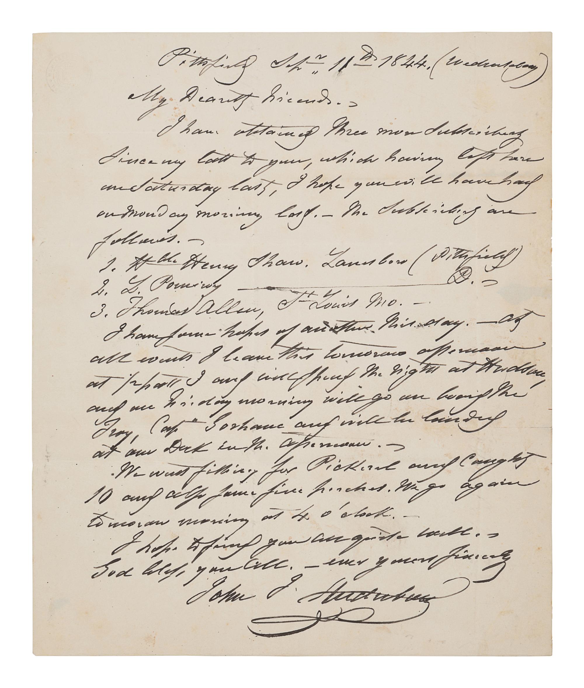 AUDUBON, John James (1785-1851). Autograph letter signed ("John J. Audubon") to his son Victor. Pittsfield, [MA], 11 September 1844. One page, 4to (234 x 194 mm), with integral leaf addressed in holograph. Some minor pale spotting, remnants of previous mounting at corners on verso, mailing folds.