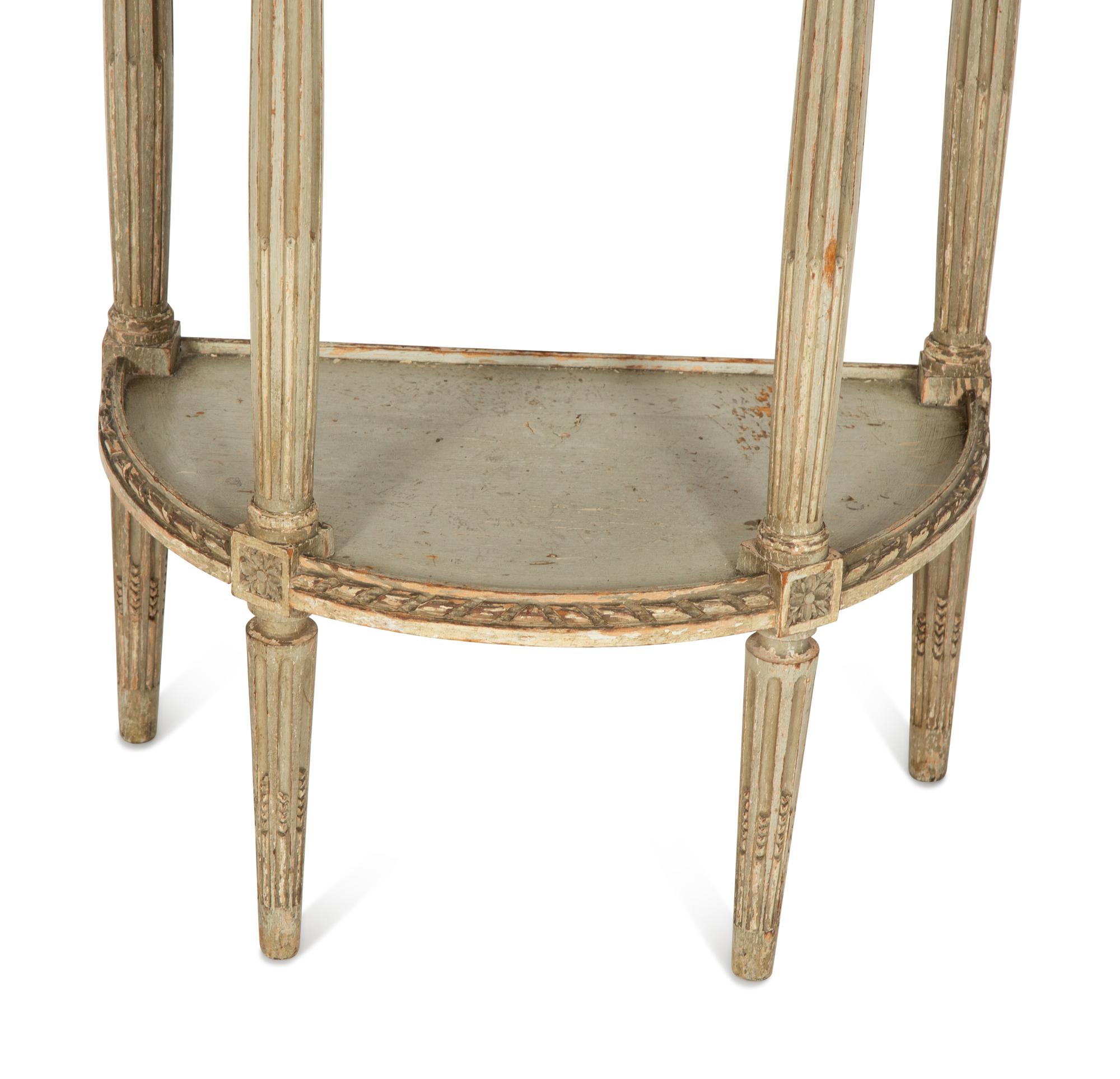 A Louis XVI Style Grey-Painted Demilune Marble-Top Console Table
