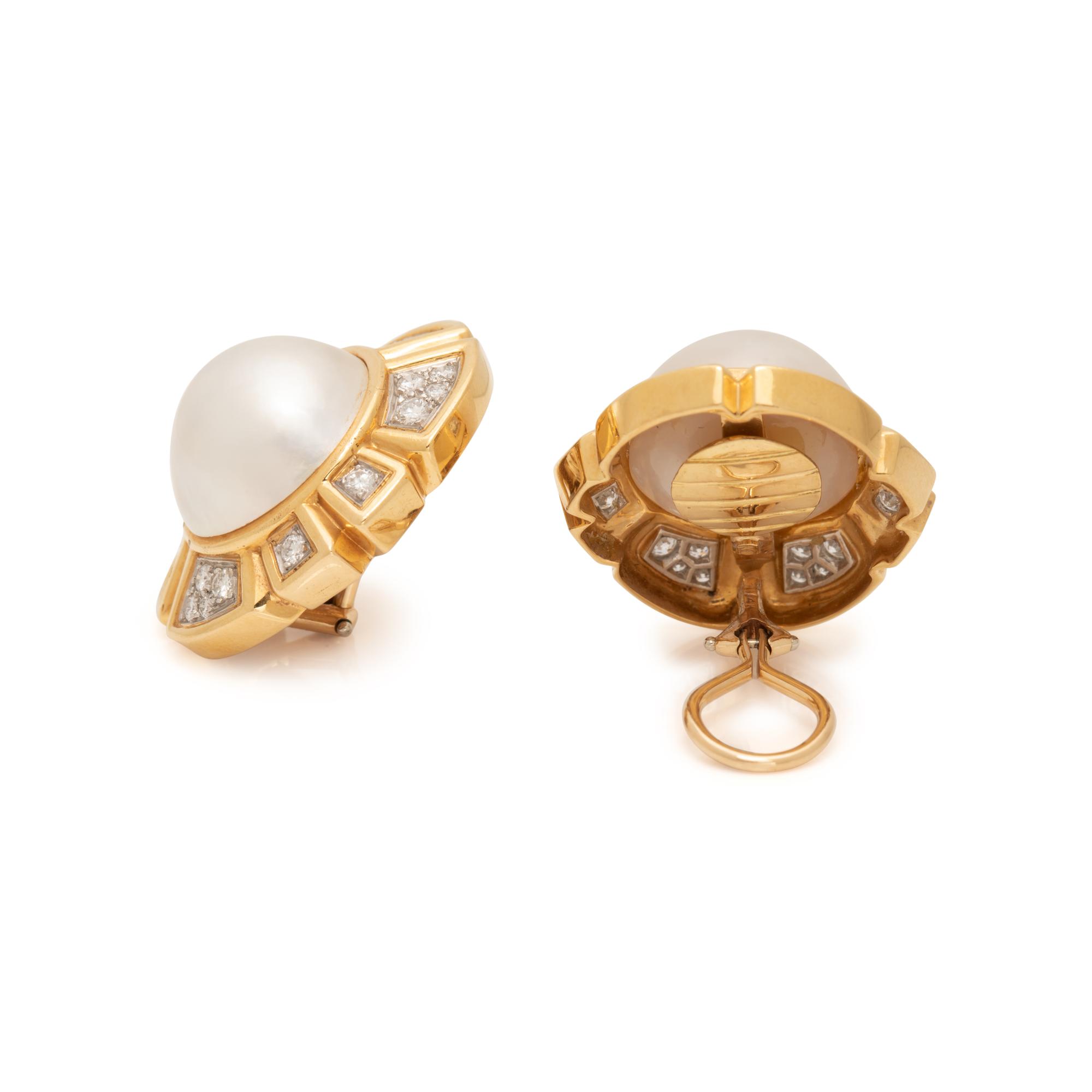 YELLOW GOLD, CULTURED MABE PEARL AND DIAMOND EARCLIPS