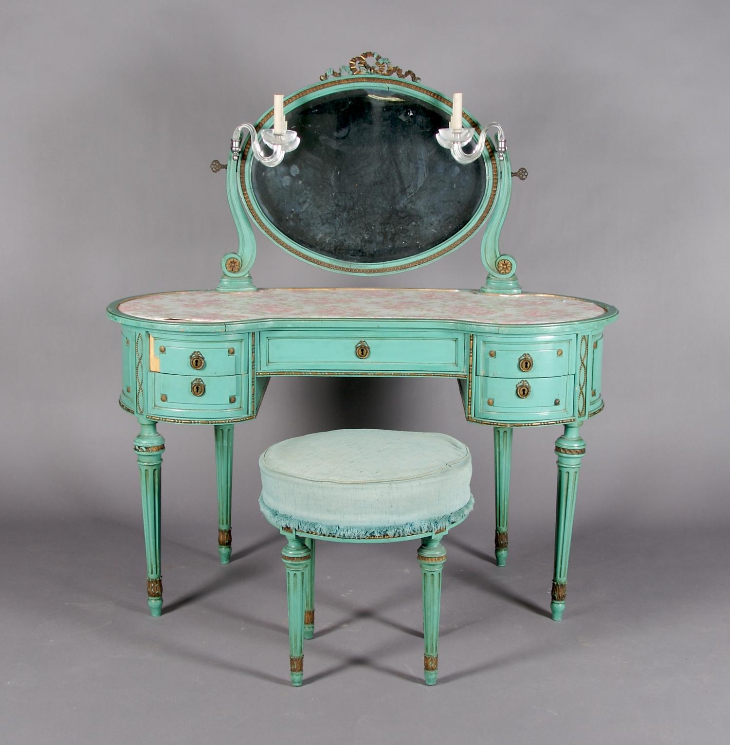 A Louis XVI Style Painted Vanity and Stool, Height first 29 inches.
