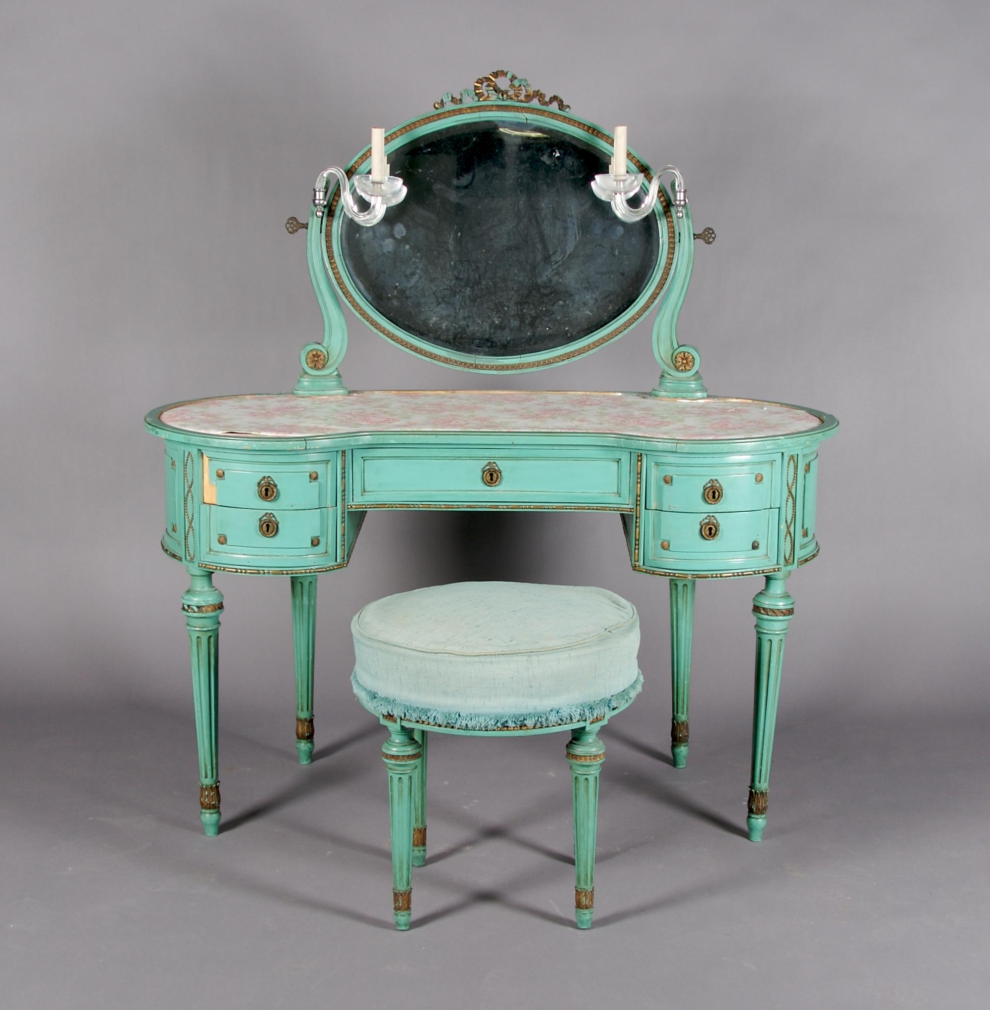 A Louis XVI Style Painted Vanity and Stool, Height first 29 inches.