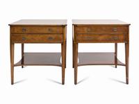 A Pair of Regency Style String Inlaid Mottled Mahogany Two-Drawer Stands