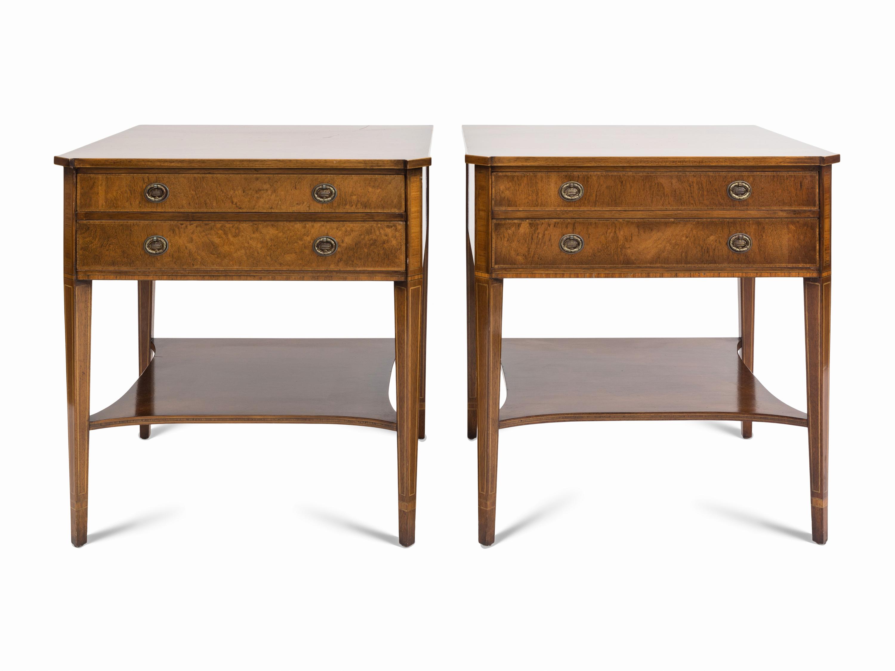 A Pair of Regency Style String Inlaid Mottled Mahogany Two-Drawer Stands
