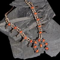 Navajo Silver and Coral Squash Blossom Necklace