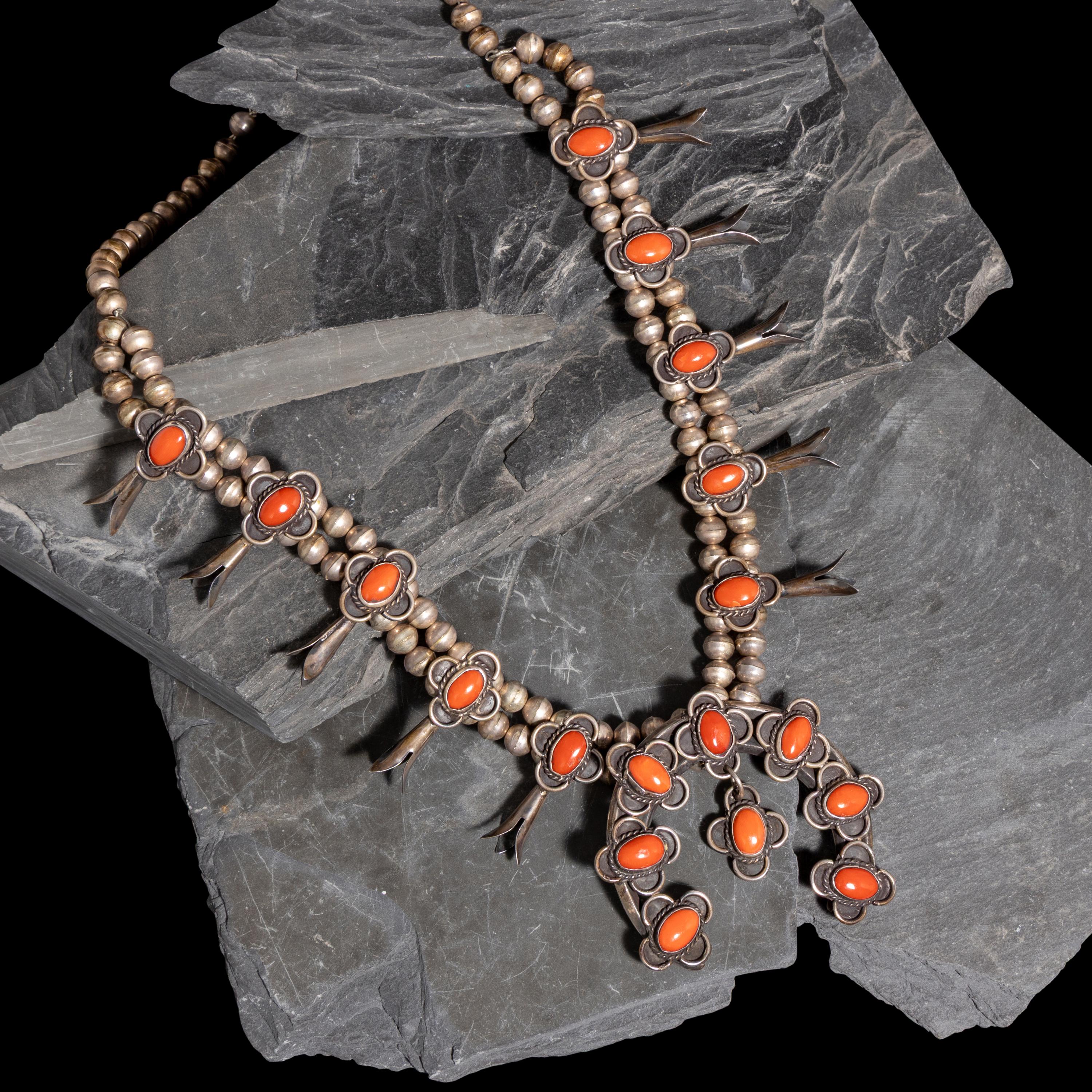 Navajo Silver and Coral Squash Blossom Necklace