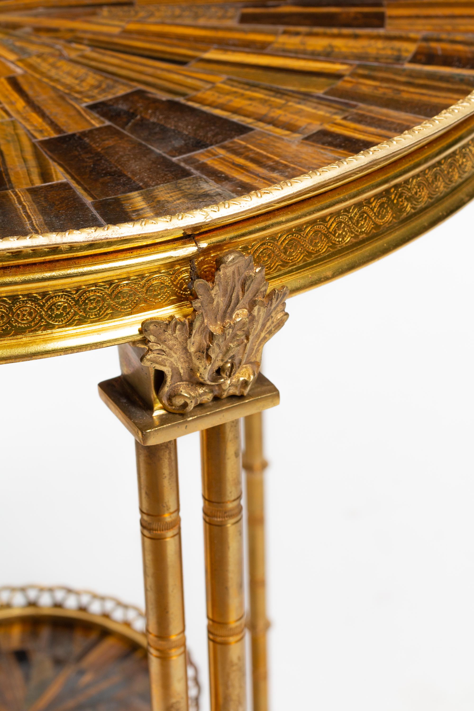 A Pair of Louis XVI Style Gilt Bronze and Tiger's Eye Tables in the Manner of Adam Weisweiler