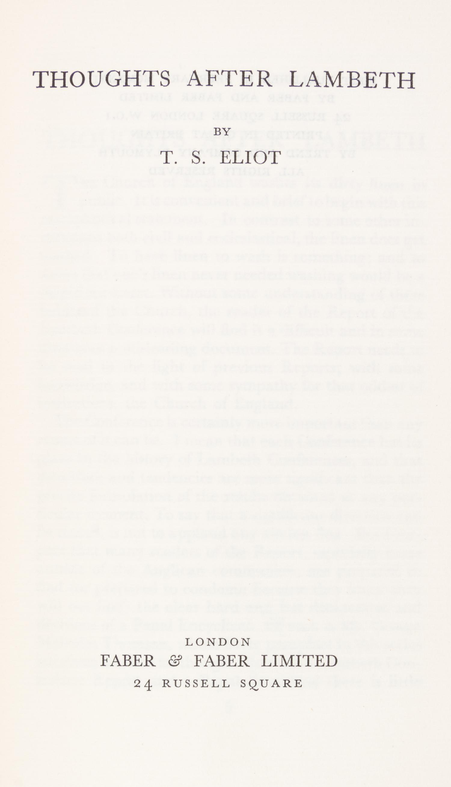 ELIOT, T.S. John Dryden. New York, 1932. First ed., with Thoughts After Lambeth. London, 1931.