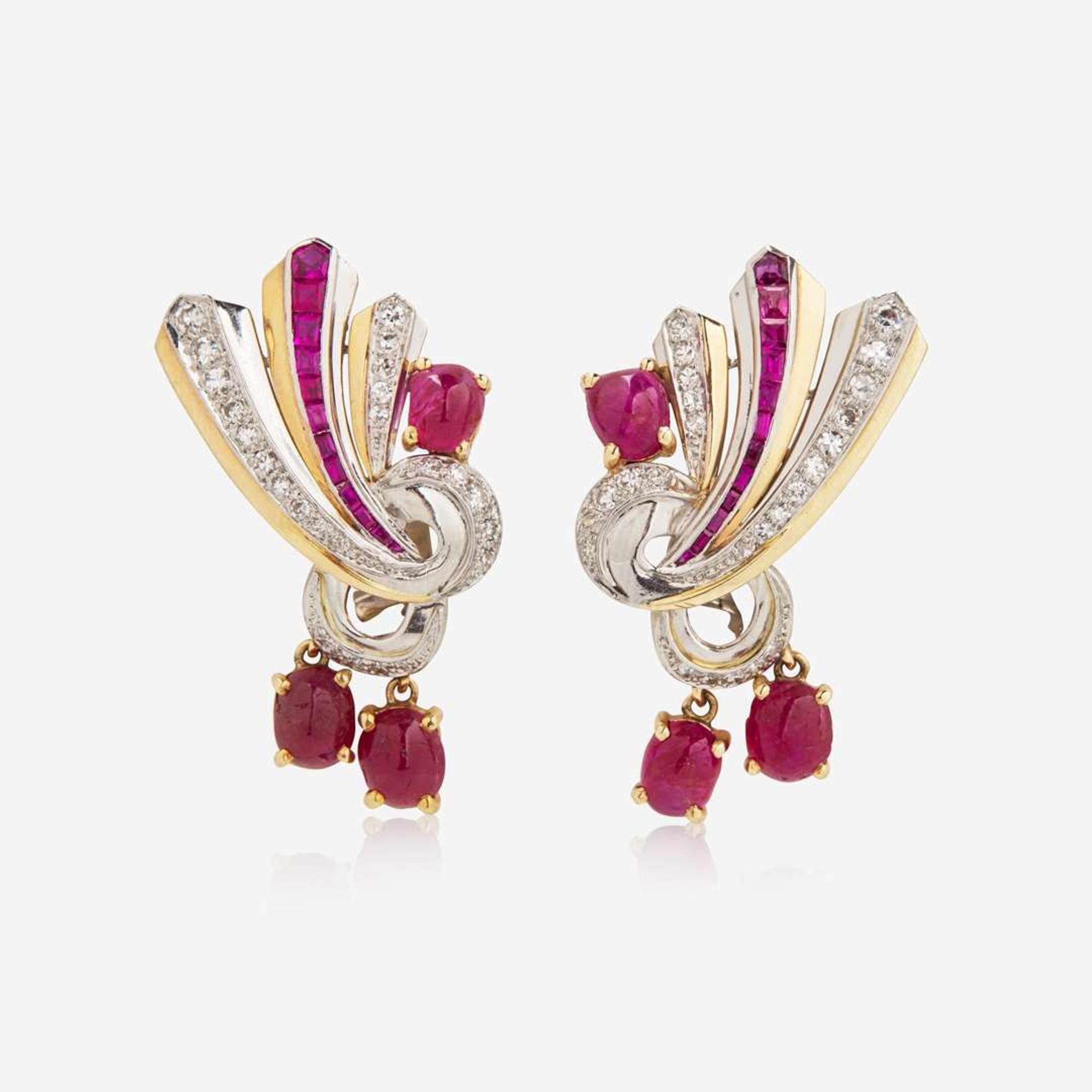 A Pair of 18K Gold, Ruby, and Diamond Earrings