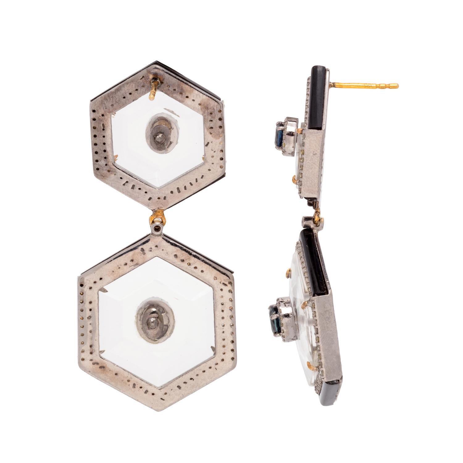 ROCK CRYSTAL, DIAMOND AND ONYX EARRINGS