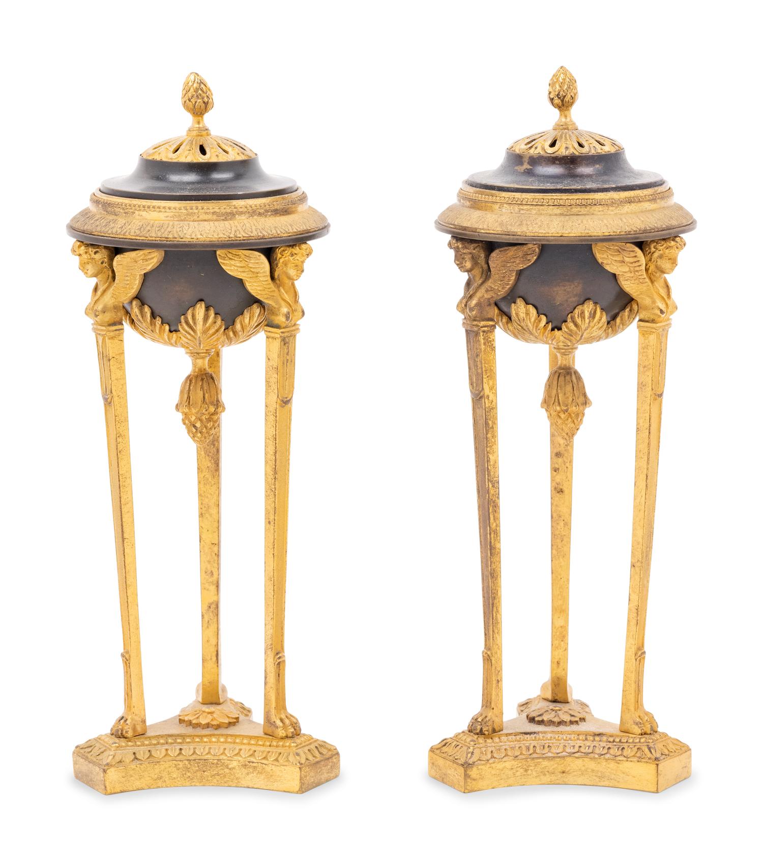A Pair of Empire Style Gilt and Patinated Bronze Cassolettes
