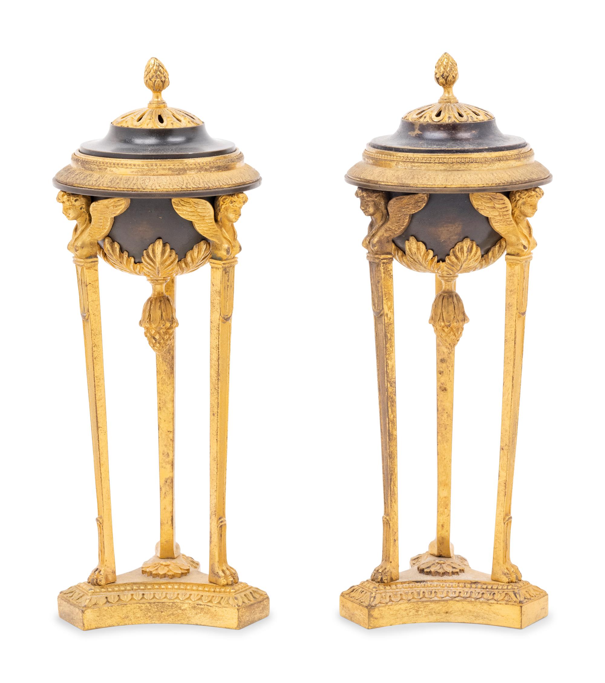 A Pair of Empire Style Gilt and Patinated Bronze Cassolettes