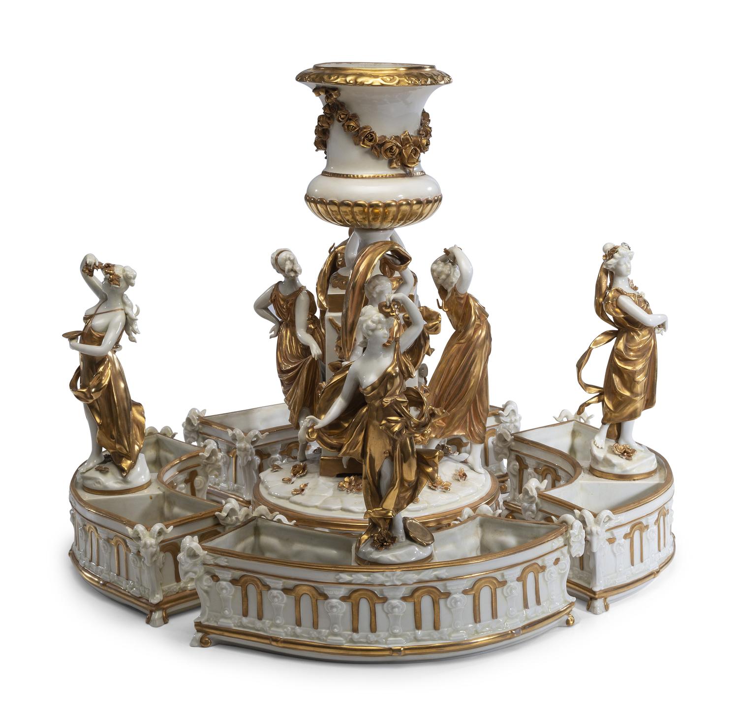 A Capodimonte Five-Piece Parcel Gilt Porcelain Surtout de Table