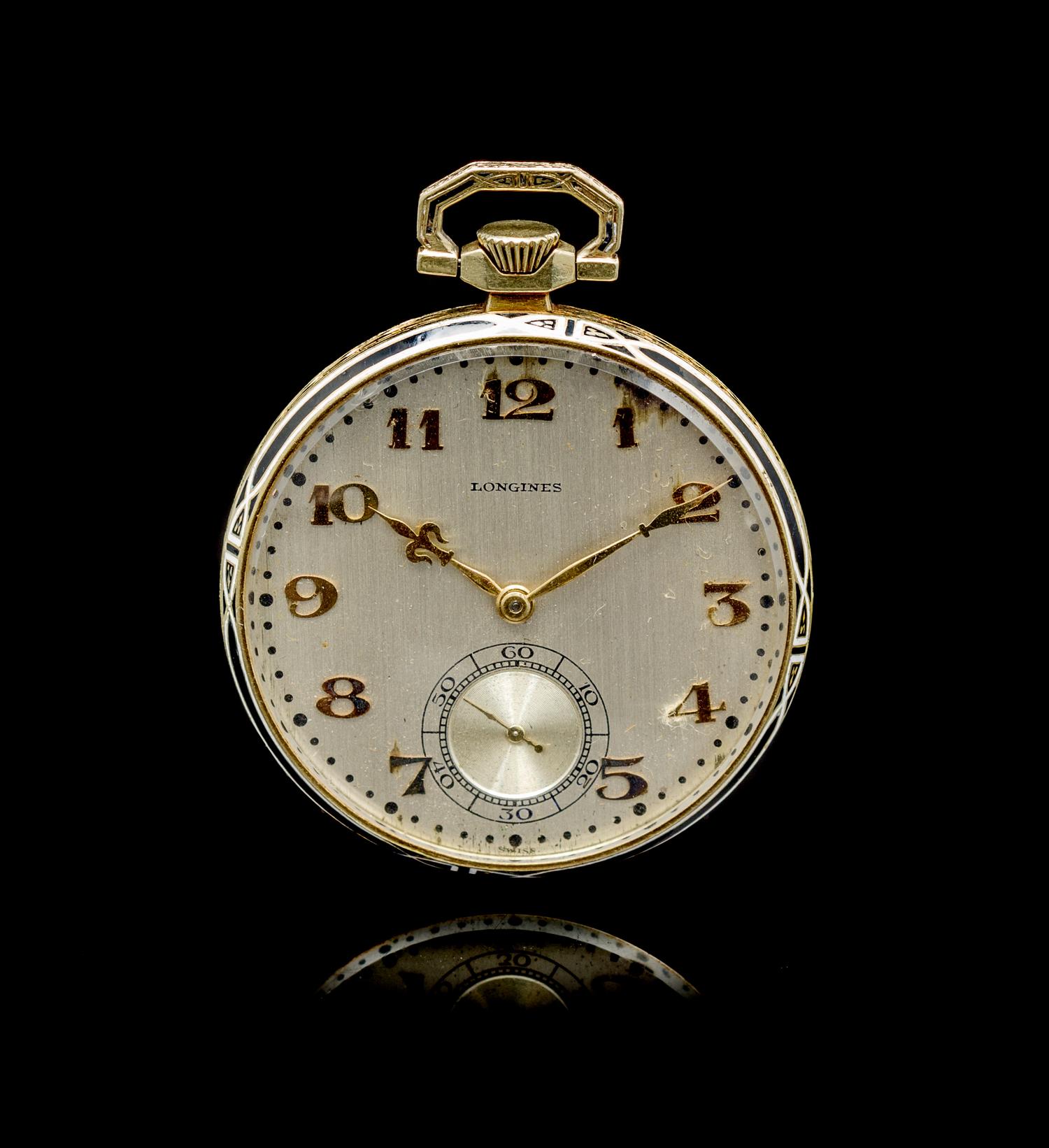 An Art Deco 14 Karat Yellow Gold and Polychrome Enamel Open Face Pocket Watch, Longines,