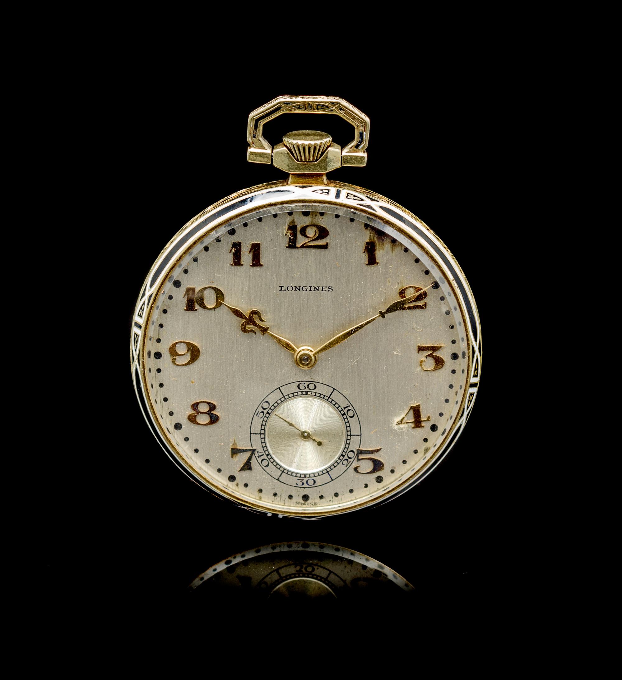 An Art Deco 14 Karat Yellow Gold and Polychrome Enamel Open Face Pocket Watch, Longines,