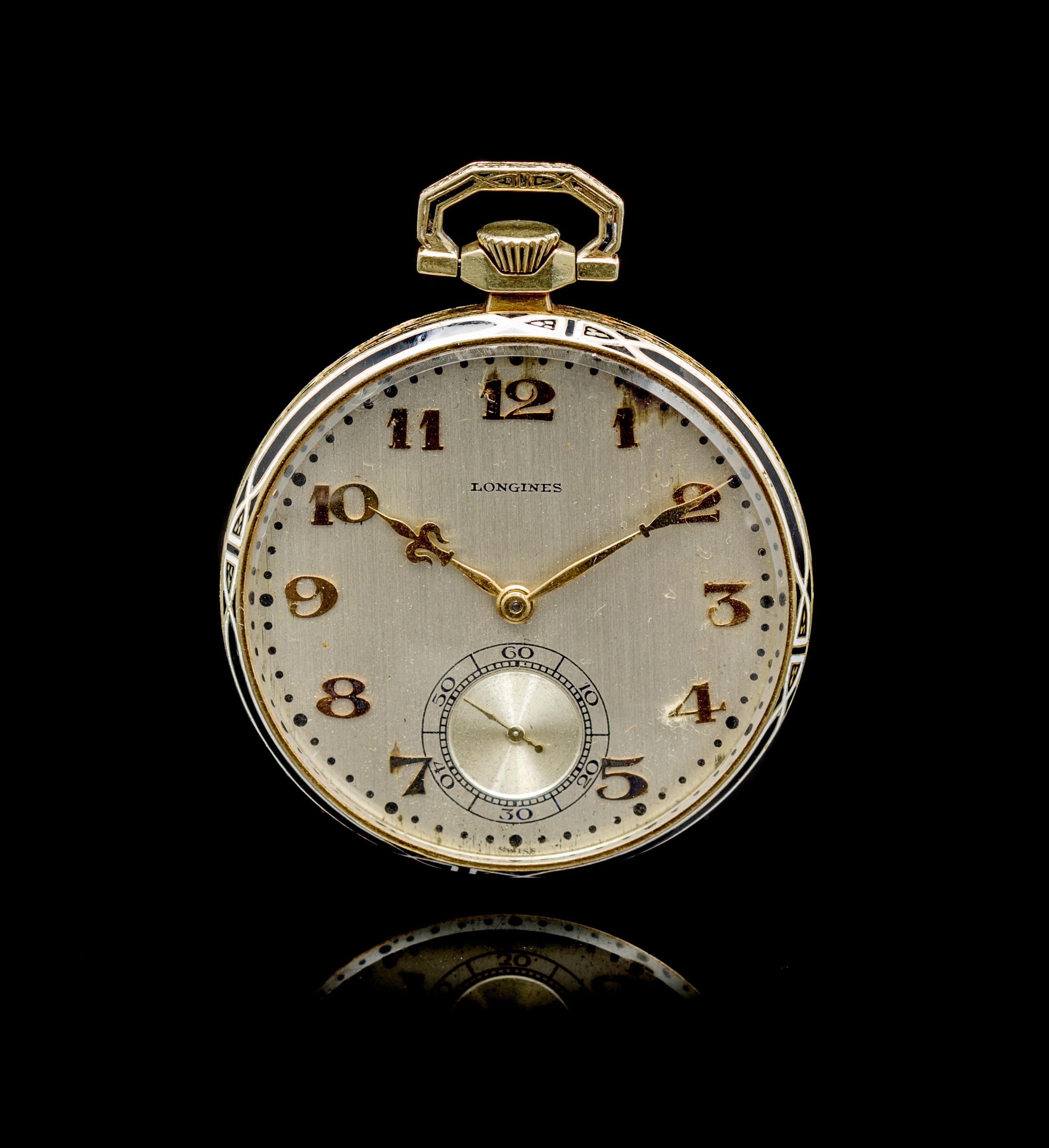 An Art Deco 14 Karat Yellow Gold and Polychrome Enamel Open Face Pocket Watch, Longines,