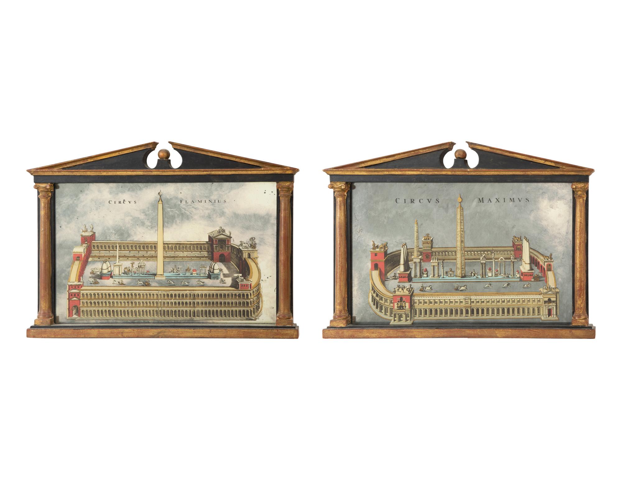 A Pair of Continental Reverse Painted Mirrors