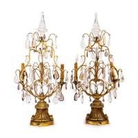 A Pair of French Gilt Metal and Cut Glass Three-Light Girandoles